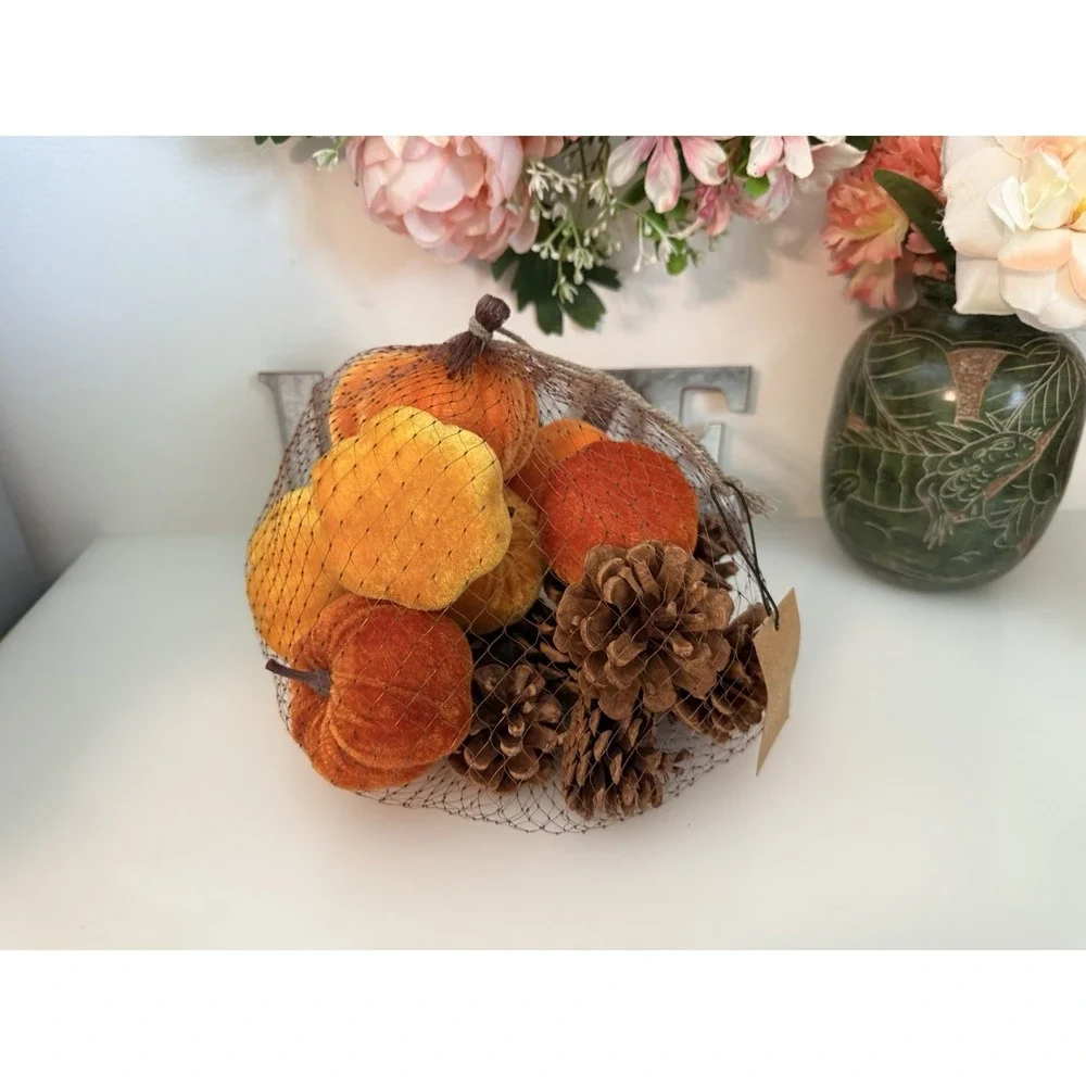 Fall 16 Pcs Velvet Pumpkin and Pinecones Net Bag Decoration Set Assort Sizes New